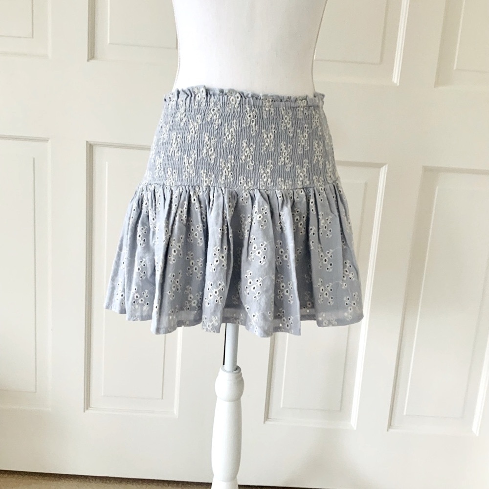 W.A.P.G. blue smocked eyelet mini skirt L